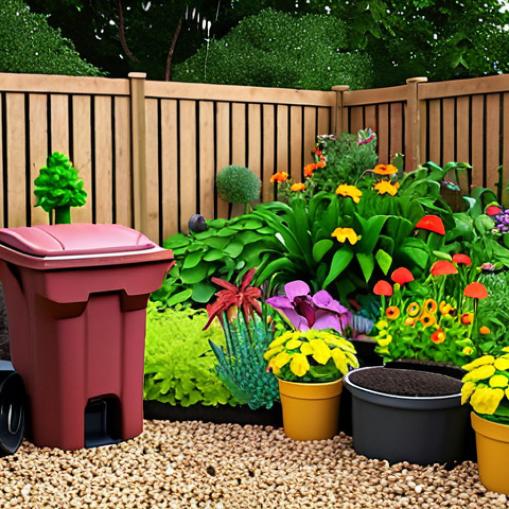 **

A vibrant garden with a rain garden feature, showcasing diverse plants that thrive in both dry and wet conditions. Compost bin visible in the background, symbolizing natural gardening practices.

**