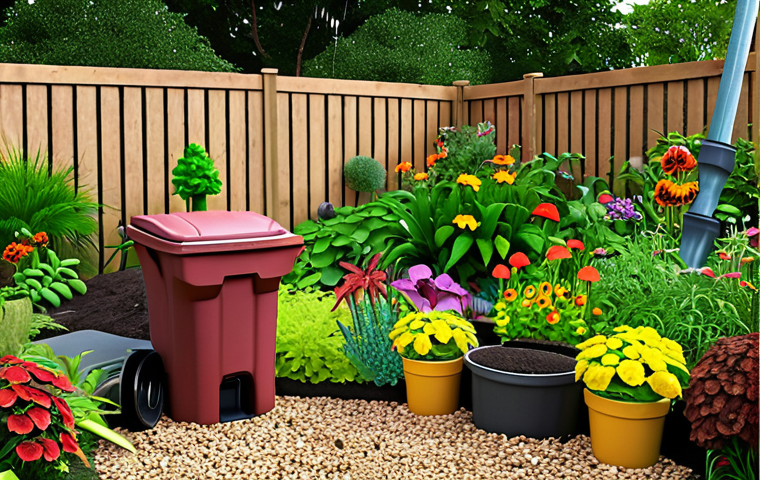 **
A vibrant garden with a rain garden feature, showcasing diverse plants that thrive in both dry and wet conditions. Compost bin visible in the background, symbolizing natural gardening practices.
**