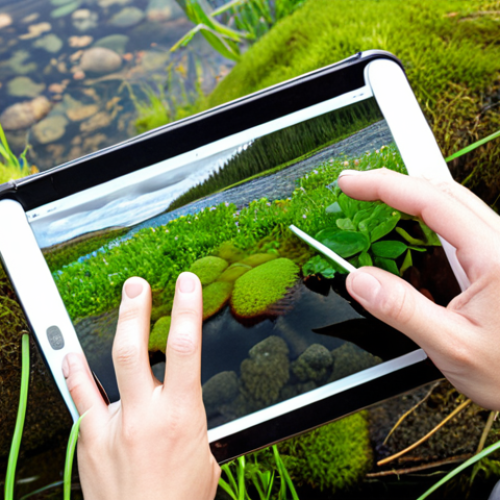 Home 6 A close-up, tranquil image of crystal-clear river water in a natural, vibrant Nordic landscape. A hand gently reaches into the water, highlighting tiny, diverse aquatic invertebrates and lush green water plants as indicators of health. In the background, a person, possibly a biologist or citizen scientist, holds a tablet displaying environmental data, subtly blending traditional observation with modern scientific monitoring. The atmosphere should convey a sense of renewed life, careful study, and the beauty of a flourishing aquatic ecosystem.