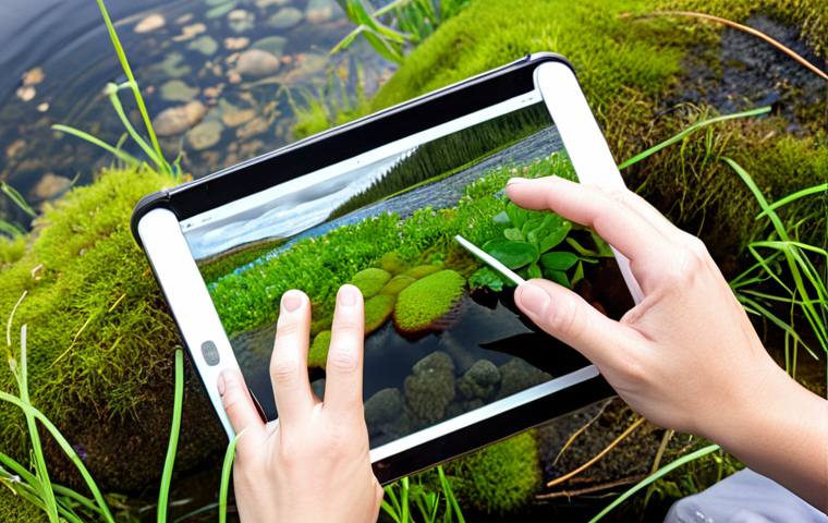 A close-up, tranquil image of crystal-clear river water in a natural, vibrant Nordic landscape. A hand gently reaches into the water, highlighting tiny, diverse aquatic invertebrates and lush green water plants as indicators of health. In the background, a person, possibly a biologist or citizen scientist, holds a tablet displaying environmental data, subtly blending traditional observation with modern scientific monitoring. The atmosphere should convey a sense of renewed life, careful study, and the beauty of a flourishing aquatic ecosystem.